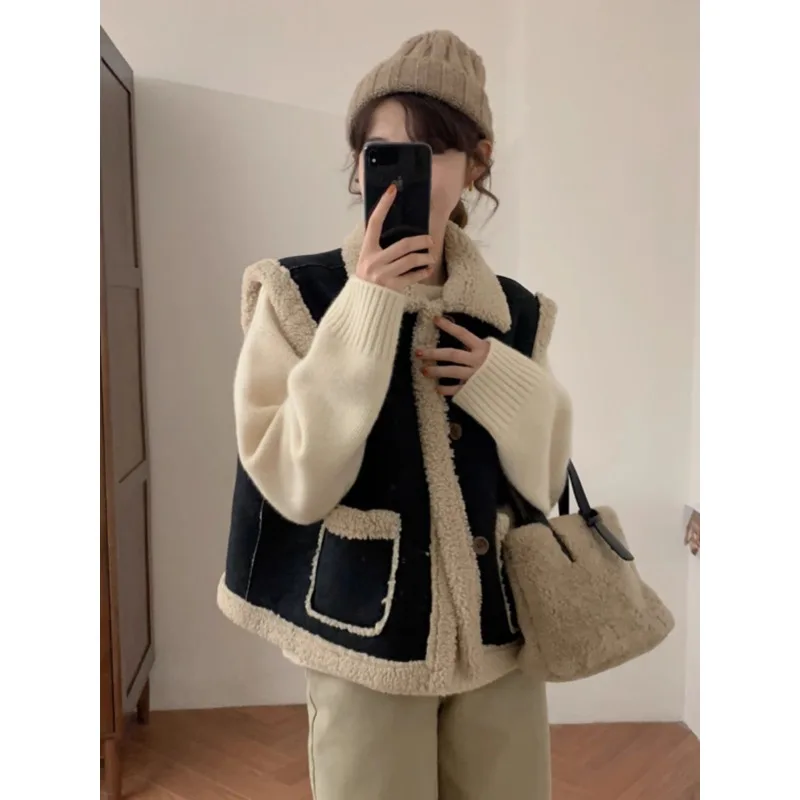 Imitacja zamszowej kamizelki damskiej na jesień i zimę, codzienna, łączona z pluszowym futerkiem, jednoczęściowa, czarna, krótka kurtka, zapinana na jeden guzik, bez rękawów.