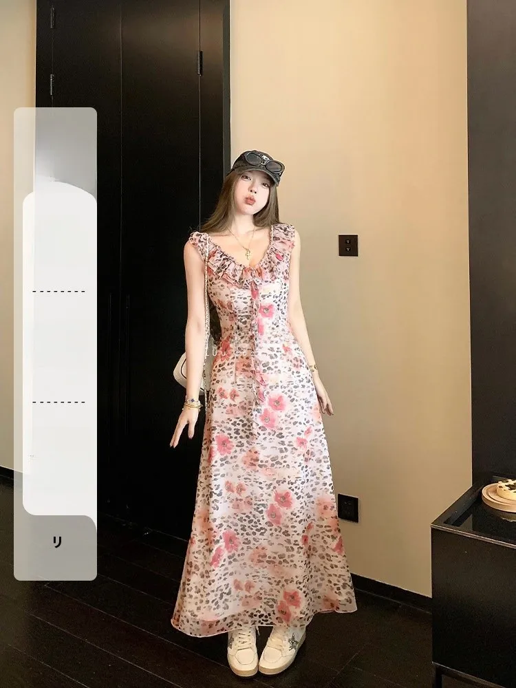 

Spring Autumn Leopard Print Floral A-Line Sleeveless Vest Dress Women's Long Design Sensation Small Audience Skirts