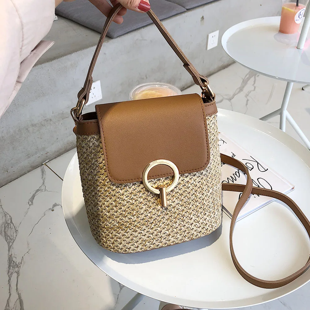 Summer Straw Weaving Small Handbag 2024 Women Hand-Woven Crossbody Bag High Quality Vintage Tote Bag Woven Flap Beach Bucket Bag