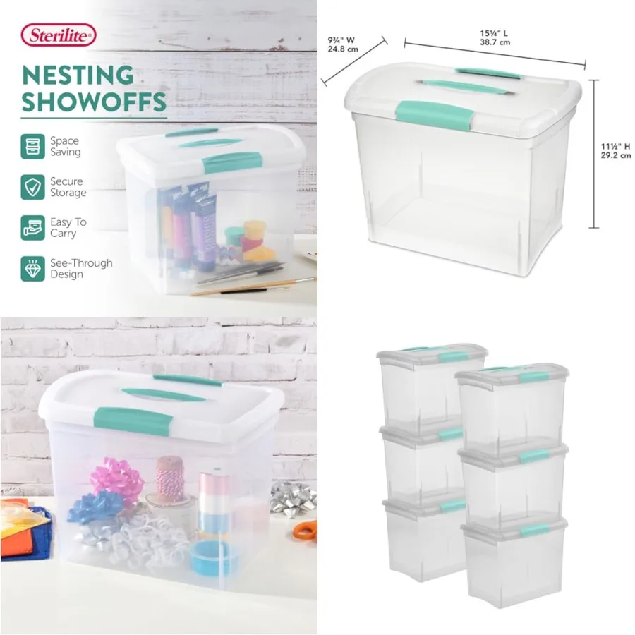 

Nesting ShowOffs, Stackable Small Storage Bin with Latching Lid and Handle, Plastic Container to Organize Office Files, Clear