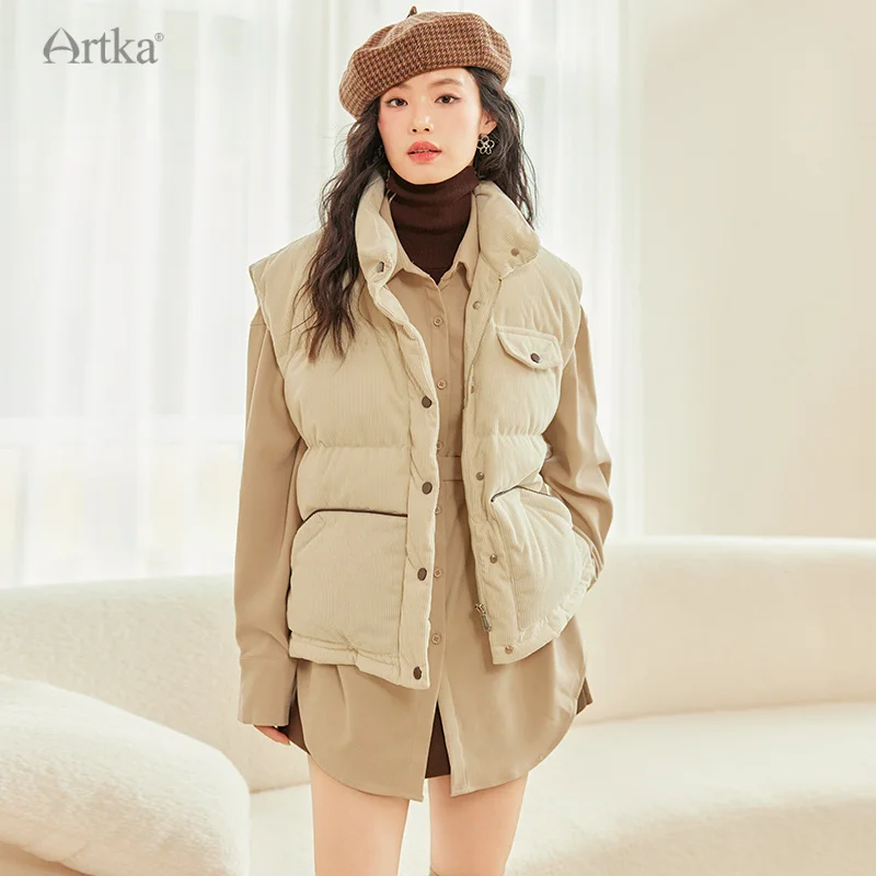 ARTKA 2023 Winter New Women Down Jacket Fashion Casual 90% White Duck Down Corduroy Vest Outerwear Loose Warm Down Vest CK92231D