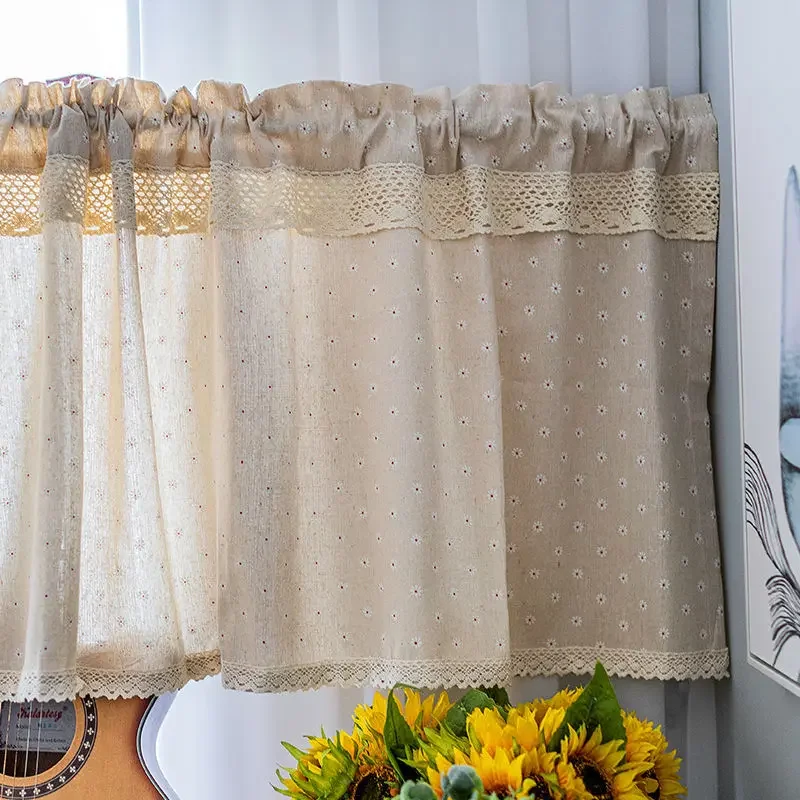 

Window Valance Short Window Curtain Floral Embroidery with Lace Linen Sheer Kitchen Curtains W140xL50cm Rod Pocket Farmhouse
