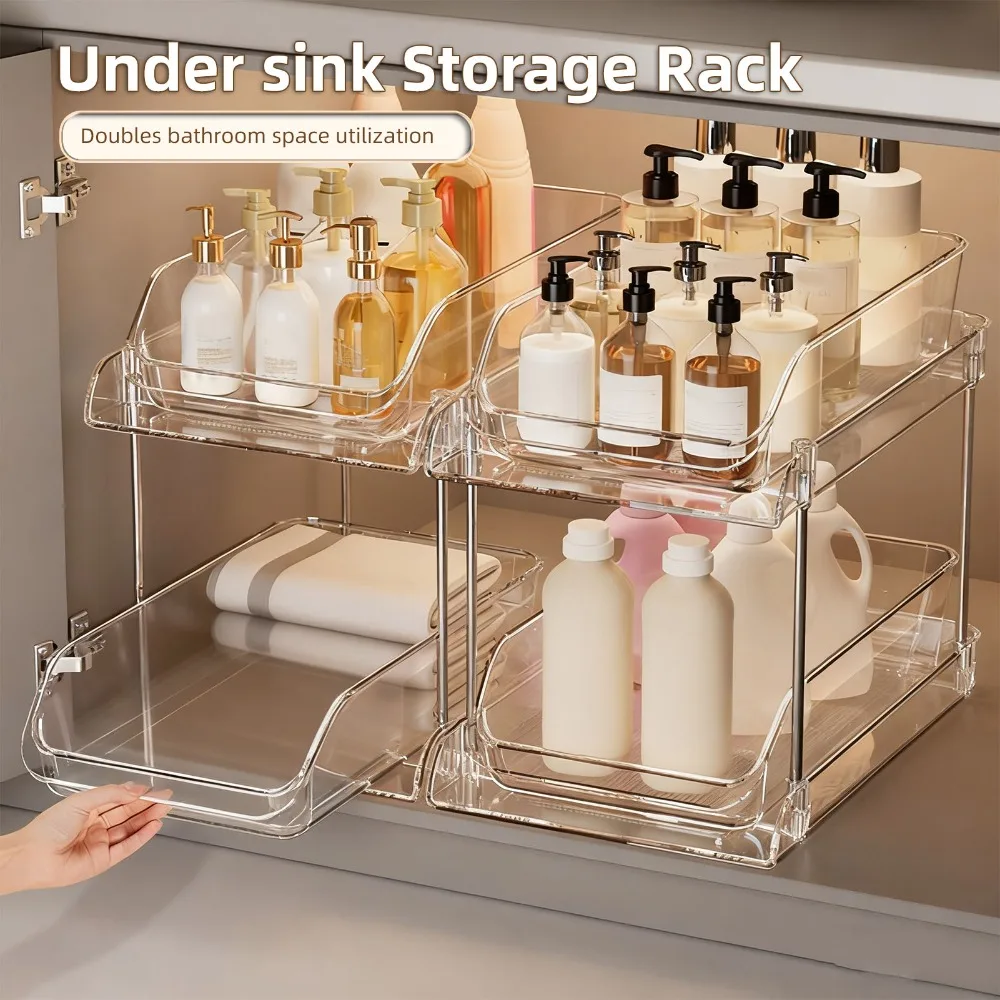 PET Under Sink Organizer 2 Tier Transparent Pull Out Storage Shelf Multi Purpose Pull Out Design CD Holder Stand Under Sink Area