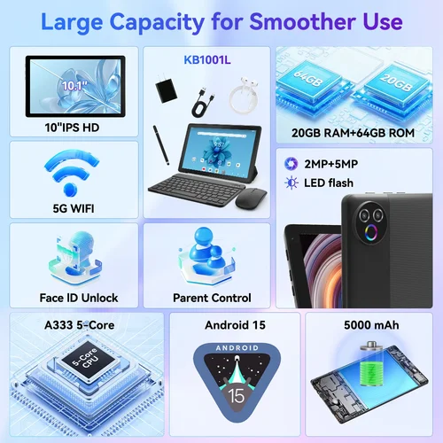 Imagen 2 del producto URAO Android 15 Tablet 10,1 pulgadas 20GB RAM 64GB ROM 5 núcleos cámara Dual tabletas PC conjunto teclado/funda/ratón/lápiz óptico/auriculares