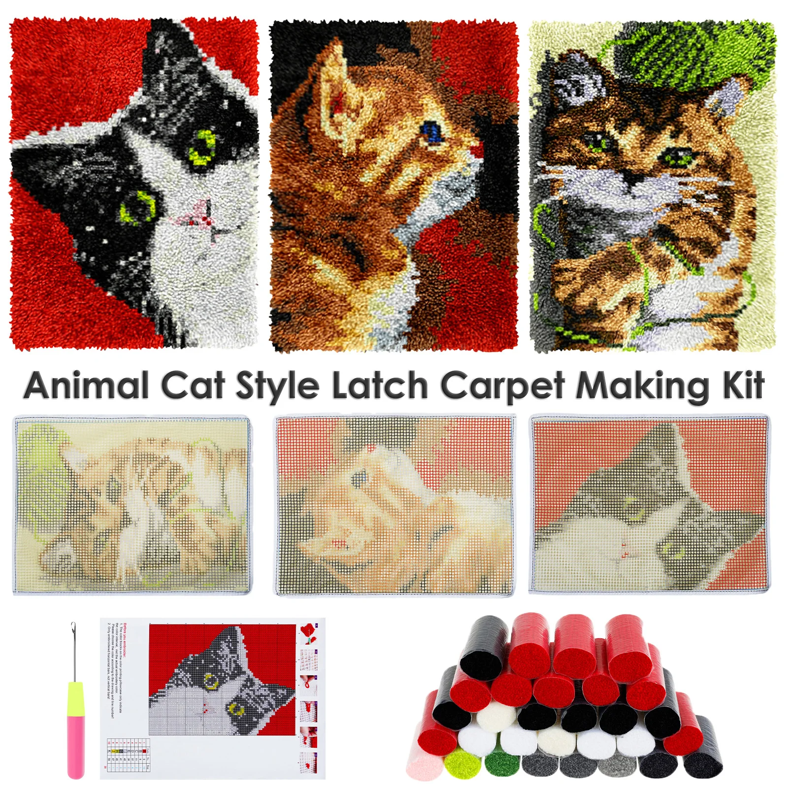 

Набор крючков с защелкой в стиле милого кота, стартовый набор для начинающих, сделай сам, предварительно печатный яркий цвет, набор инструментов для изготовления ковров с защелкой и инструкциями