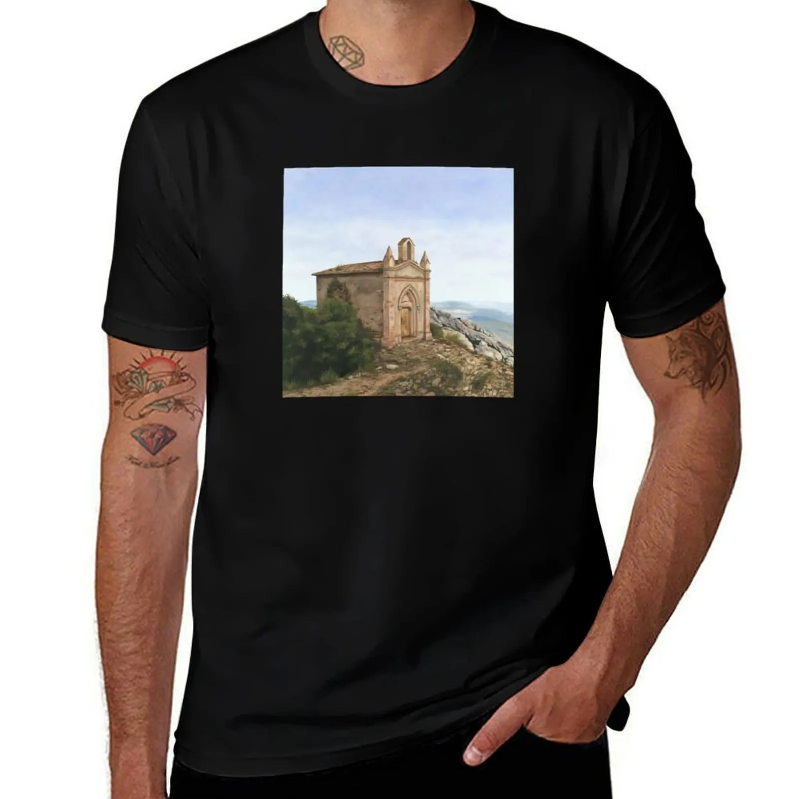 

Футболка Montserrat Chapel, синие арховные забавные костюмы, хлопковые футболки с рисунком, мужские футболки с рисунком на заказ