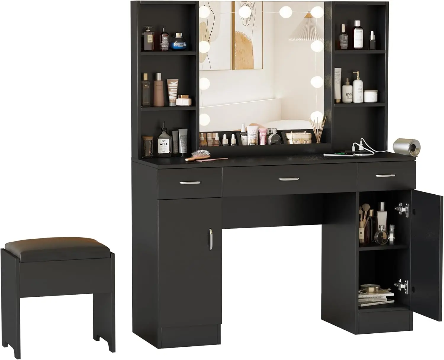 Vabches Makeup Vanity Table with Lighted Mirror & Power Strip, Large Vanity Set Vanity Desk with Lots Storage, 3 Lighting Modes,