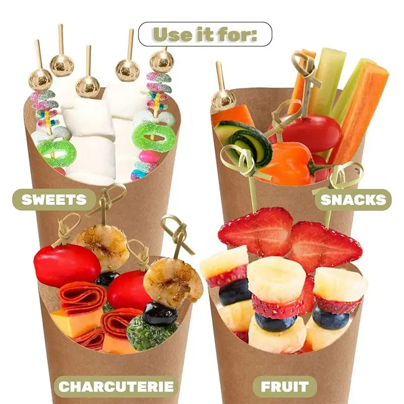 A33Z-50PCS 14Oz Kraft Charcuterie Cups With 200 Sticks (2 Types) - Wide Enlarged Top Cutout For Better Display
