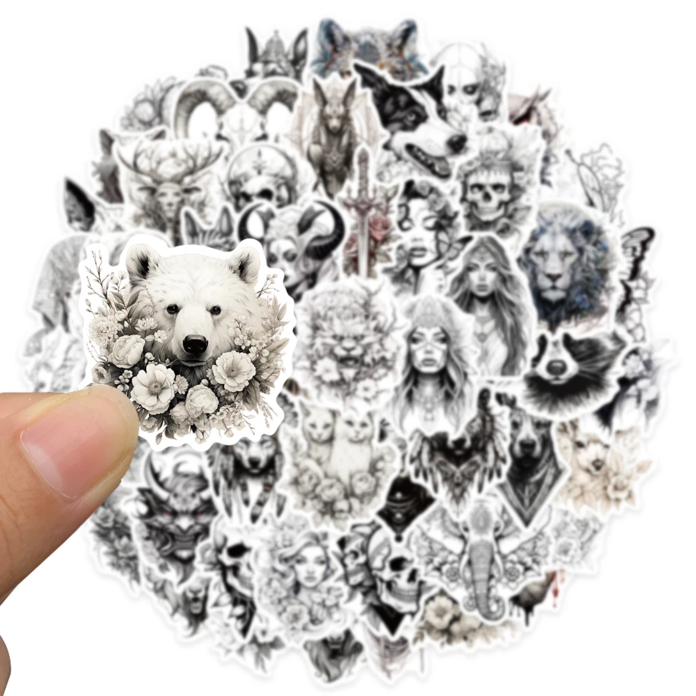 50pcs Black and White Cartoon Animals Aesthetic Stickers Waterproof Graffiti For Luggage Guitar Phone Vinyl Laptop Decals