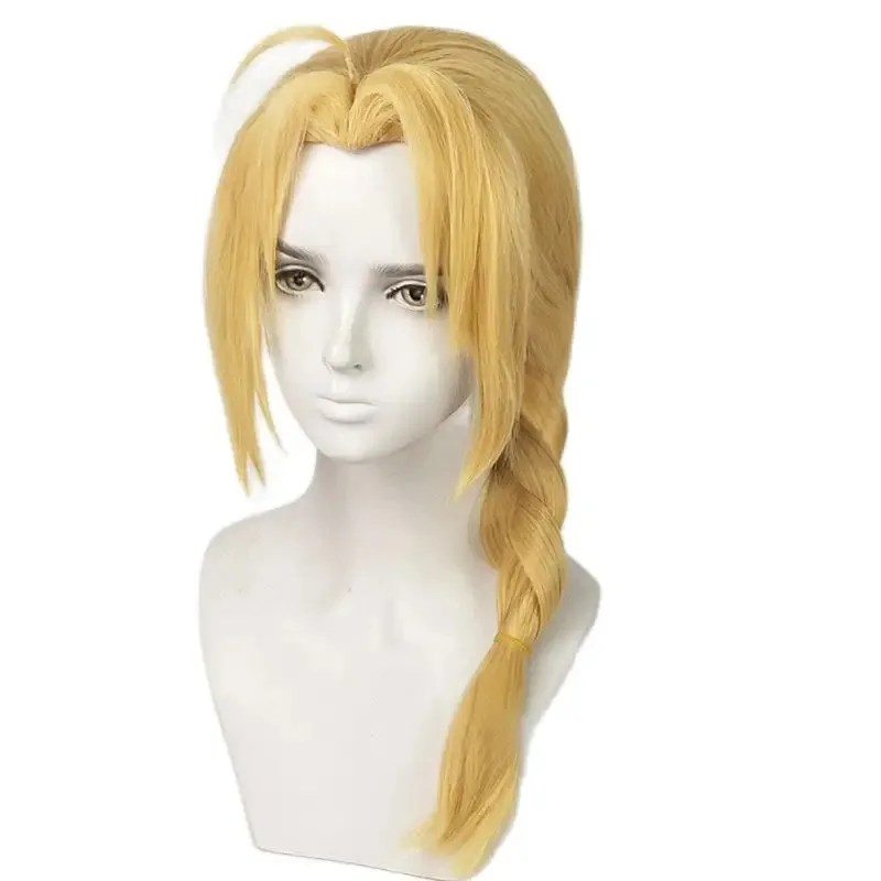 2025 Edward Elric Wig Rambut Cosplay Anime Tahan Panas Panjang 50cm Pirang Kepang + Topi Wig