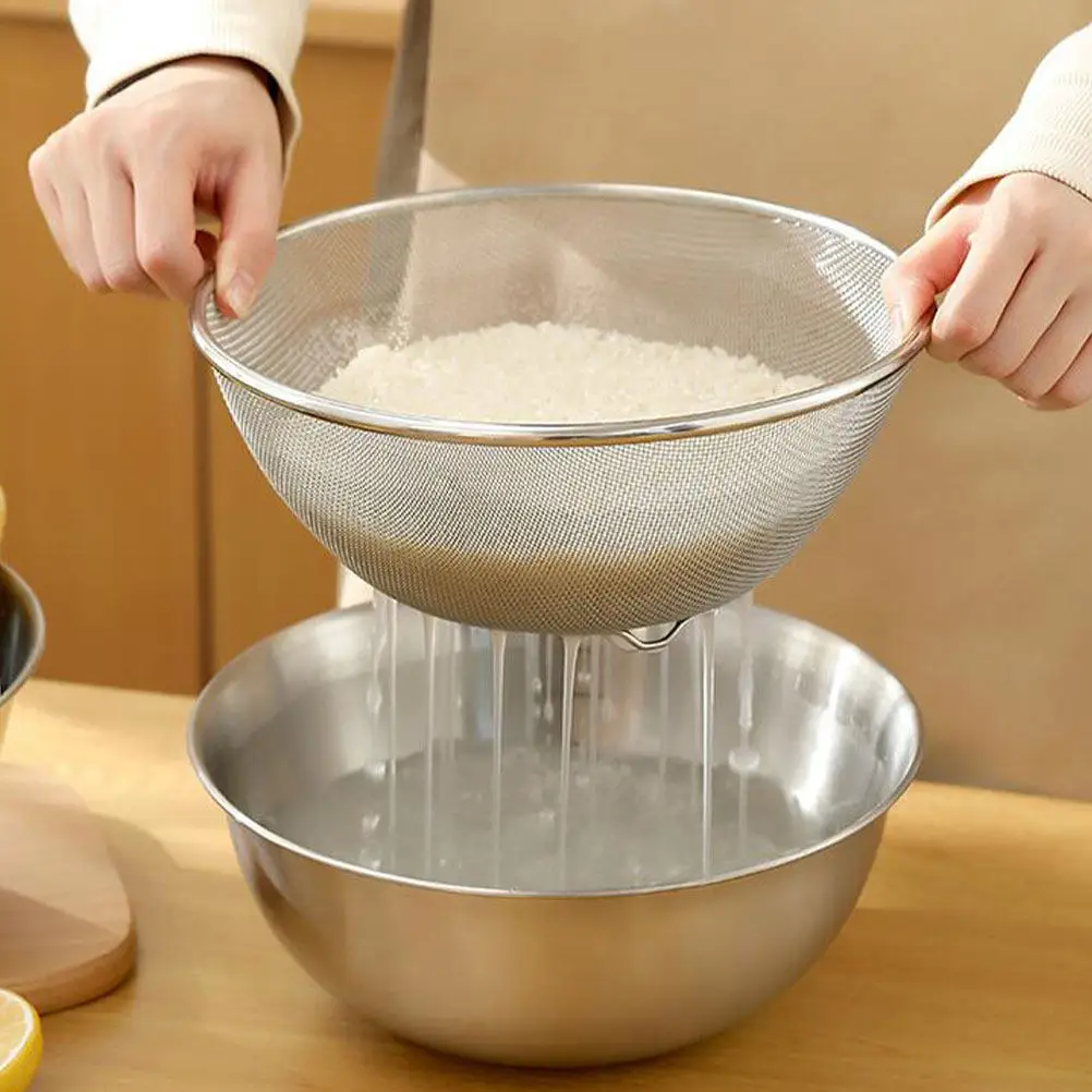 

1Set Thickened Stainless Steel Rice Strainer Colander Drain Lower Water Catcher Smooth Edge Fruit Vegetable Washing
