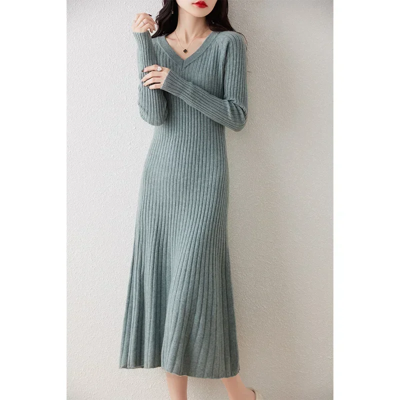 2023 Autumn Winter High Elasticity 100% Wool Sweater Dress Women Thicken Warm Slim Dresses Female Casual Basic Knitted Pullover