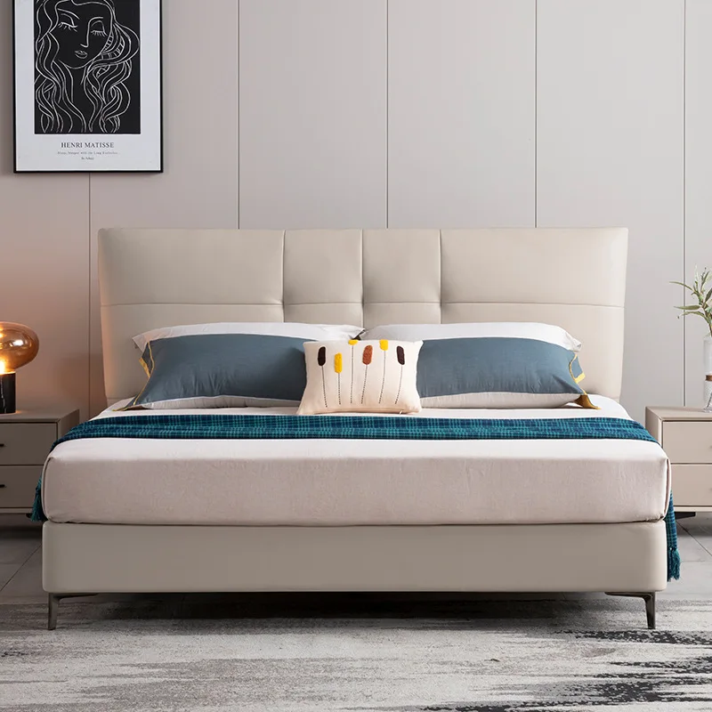 Cama doble de cuero, cama nórdica de almacenamiento de piel de vaca de primera capa