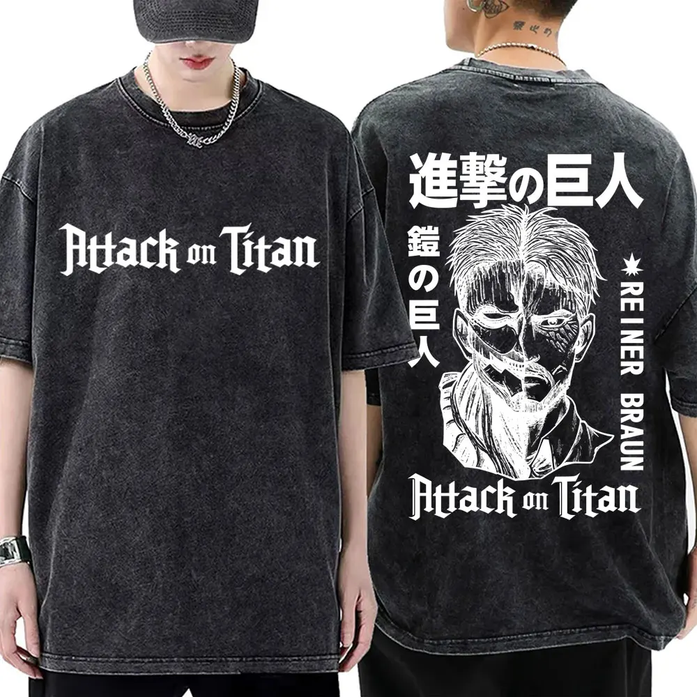 

Washed Vintage Anime Attack on Titan Reiner Braun Face Graphic T-shirts Men Women Retro Manga Street Oversized Crewneck T Shirts