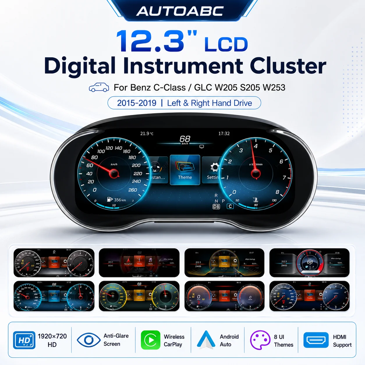 AUTOABC Écran LCD numérique 12,3 pouces pour tableau de bord, CarPlay sans fil, Android Auto pour Mercedes-Benz Classe C/GLC W205 S205 W253 Système NTG 5.0 2015-2020 avec fonction HDMI Airplay