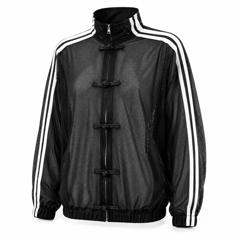 Damen-Mesh-Sweatshirt-Jacke mit Reißverschluss, Stehkragen, Kontraststreifen, Langen Ärmeln, Froschknöpfen, Lockerer Passform, Y2K-Streetwear – Detail 2