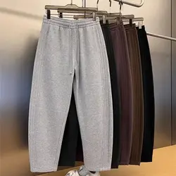 Spring Autumn New Solid Color Fashion Elastic Waist Straight Pants Man High Street Loose Pocket Patchwork Drawstring Trousers
