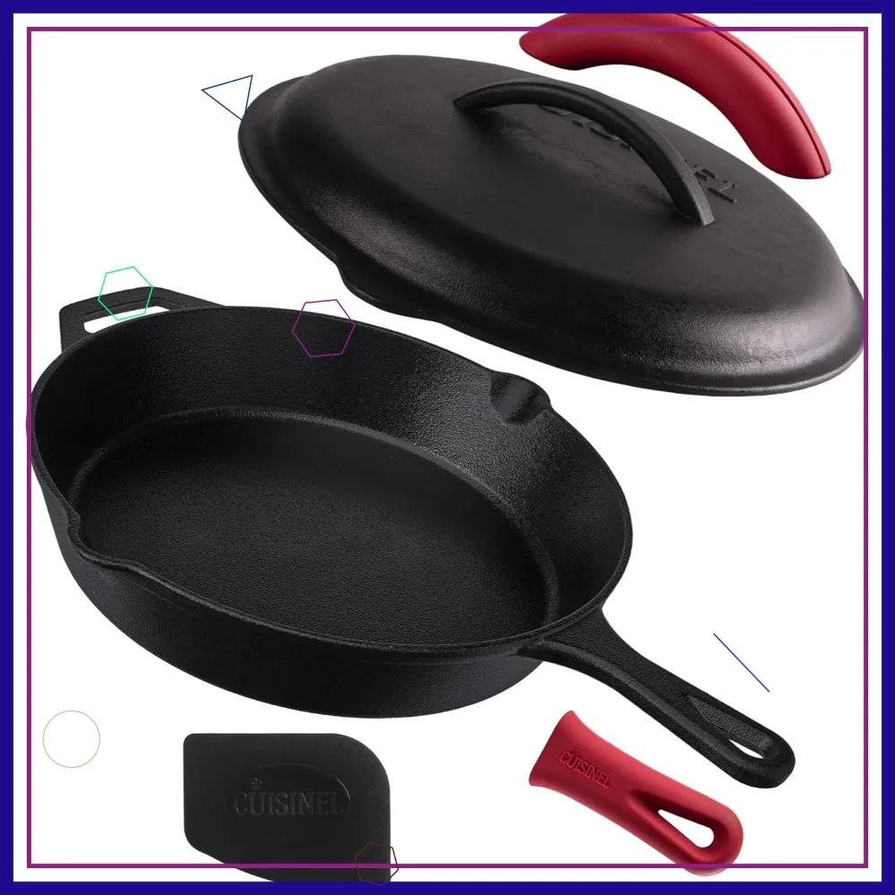 

12-inch Pre-Seasoned Cast Iron Skillet with Lid, Silicone Handle & Cleaner - Oven, Stovetop, Grill Safe Cookware