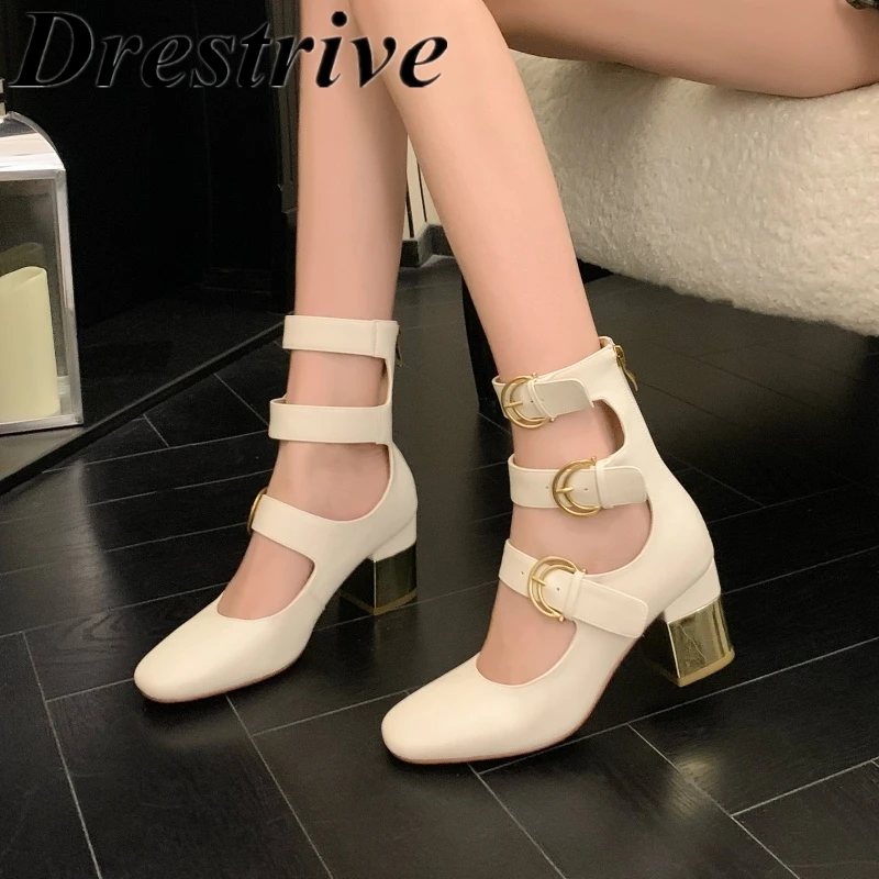 

Drestrive 2025 Fashion Summer Women's Ankle Boots Round Toe Full Genuine Leather Thick High Heels Handmade Buckle Zippers