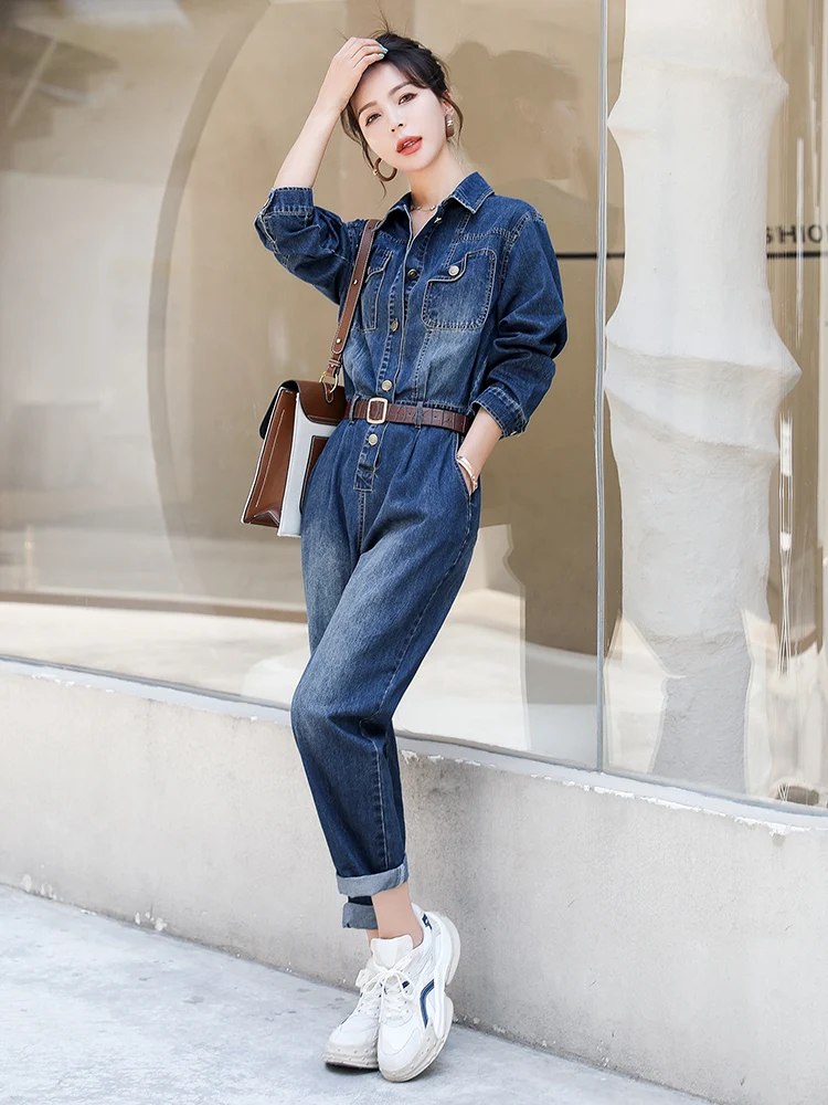 Modny dżinsowy kombinezon damski, casualowy, dopasowany, wiosenno-jesienny, nowy, z wysokim stanem, spodnie z prostymi nogawkami.