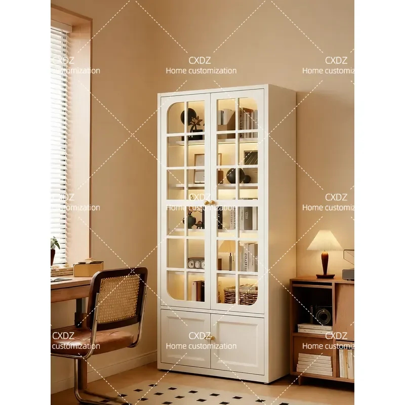 Steel Bookcase with Glass Door Storage Cabinet Household Living Room Display Locker Medium Antique Bookshelf Storage Shelf