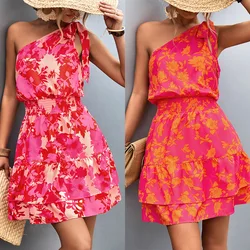 Sexy Women's Summer Printing Oblique Shoulder Fashion One Shoulder Sleeve Oblique Collar Lace Up Elegant Mini Dress Vestidos