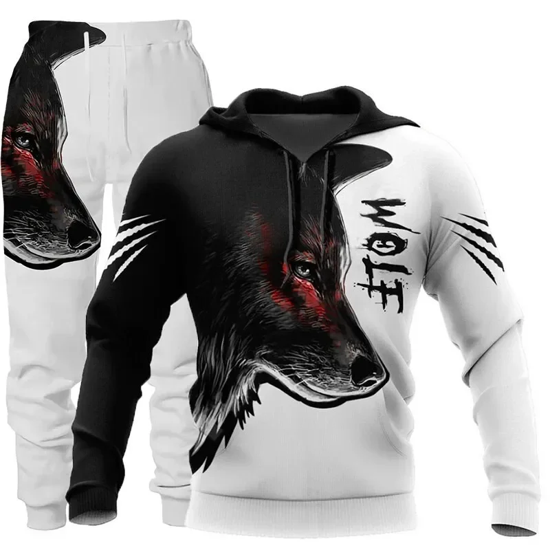 New Hoodie Sets Pullover Wolf Graphic 3D Printed Pants Suit  Autumn Casual Sweatshirt Tracksuit Set Fashion Men\'s Clothing Suit