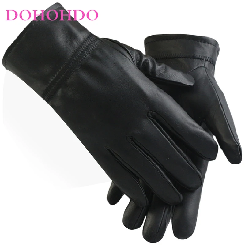 Black Leather Gloves Men's All-finger Warm Velvet Thickened Imitation Water Riding Wear-resistant Outdoor Sports Guantes Moto
