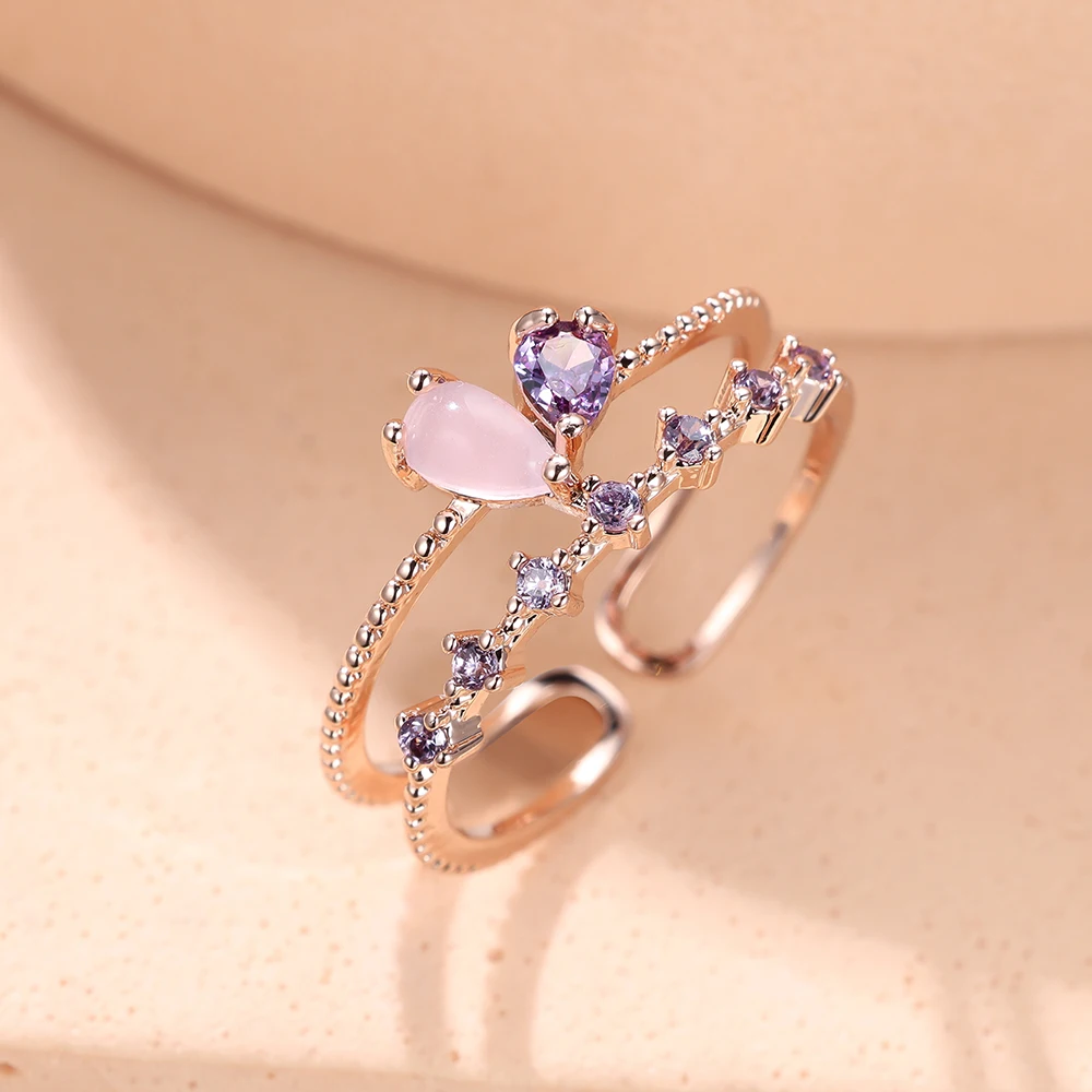 Female Delicate Small Water Drop Purple Crystal Rings For Women Silver Color Adjustable Pink Zircon Wedding Bands Party Jewelry