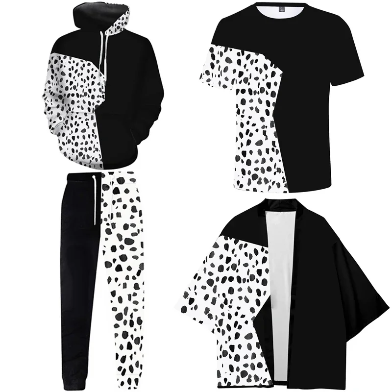 101 Dalmatians Cruella De Vil Coat Cloak Black White Printing Kimono Tops Cruella Cospaly Costumes Casual Sweatshit Women Men