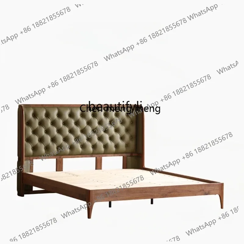 

Кровать из массива черного ореха 1,5 метра. Современная простая кровать с мягким кожаным изголовьем. Двуспальная кровать в скандинавском стиле для главной спальни 1,8 метра.