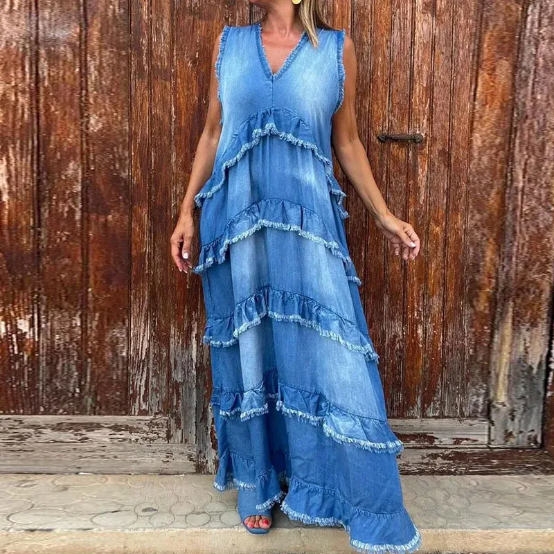 Nieuwe sexy mouwloze holle patchwork losse tankjurk zomer high street fashion denim jurken elegante v-hals ruches lange jurk