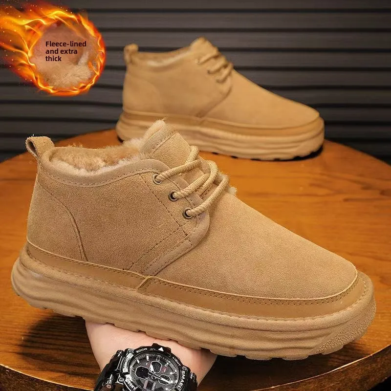 Men's Cotton Shoes 2025 New Winter Fur and Leather Integrated Cold-proof Lined Thickened Warm Waterproof Men's Snow Boots