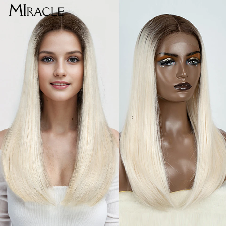 MIRACLE Straight Lace Wig Cosplay Synthetic Lace Front Wig for Women Soft Straight Wig Fiber Fake Hair Brown Ombre Blonde Wig