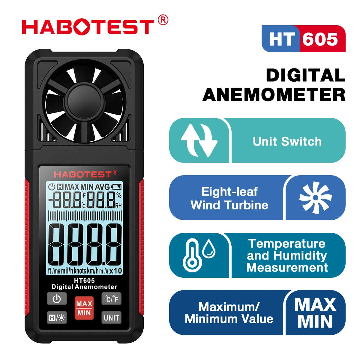 HABOTEST HT605 Digital Anemometer Portable Wind Speed Meter Windmeter LCD Backlight Display Temperature Humidity Meter