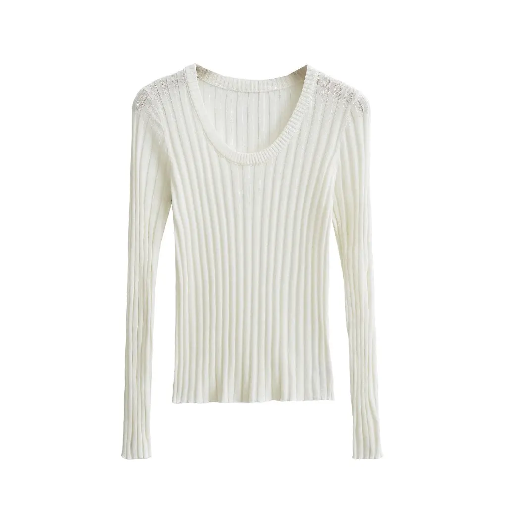 

Women's Solid Color U-Collar Pit Long-Sleeved Knitted Sweater Slim-Fit Korean Style Pure Autumn Top New