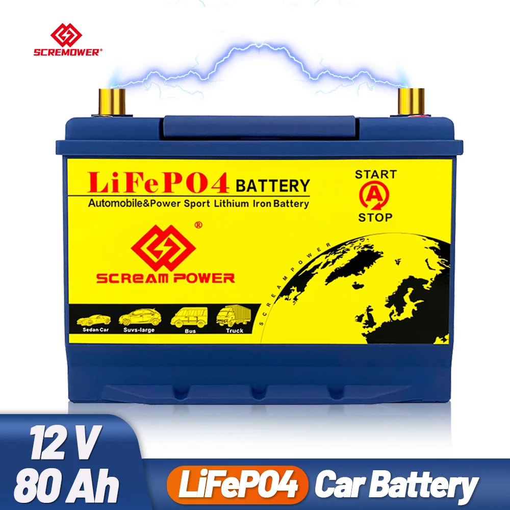 80D26L/R LiFePO4 Lithium Car Battery 12.8V 80Ah 1300CCA Rechargeable Automotive Battery Built-in 200A BMS For Car Truck SUV Van