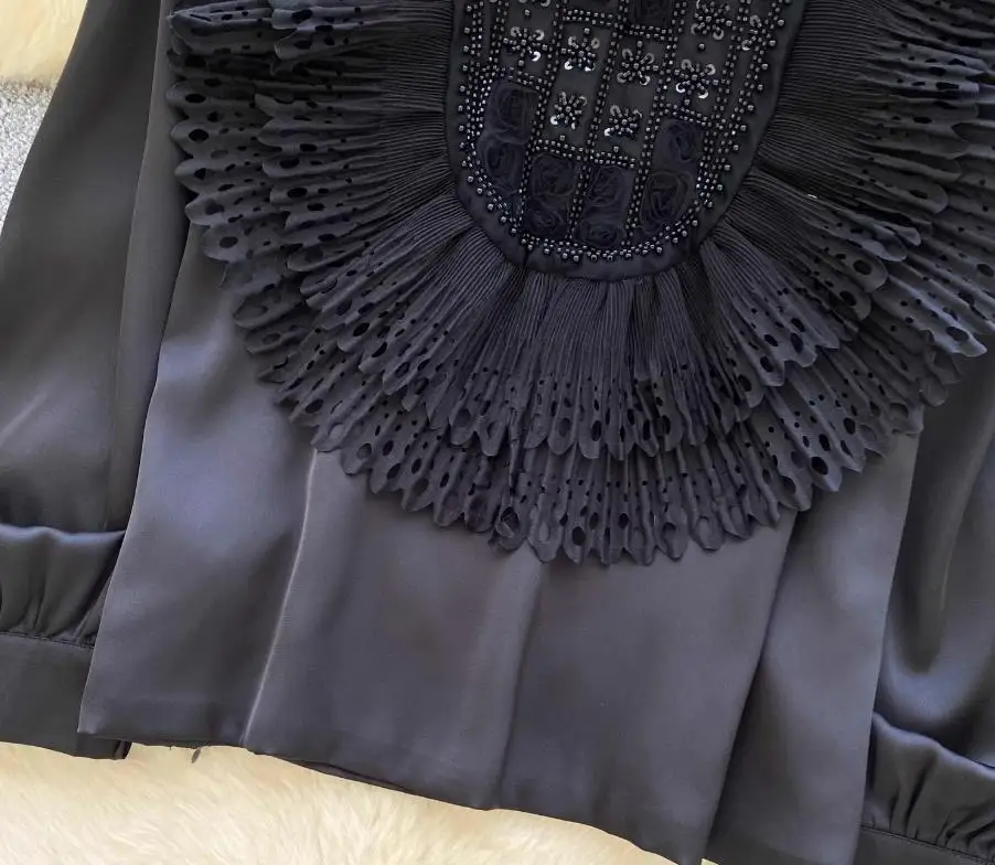 Blusa bordada vintage para mujer, camisa de satén de manga larga con cuentas, estilo francés, elegante con volantes