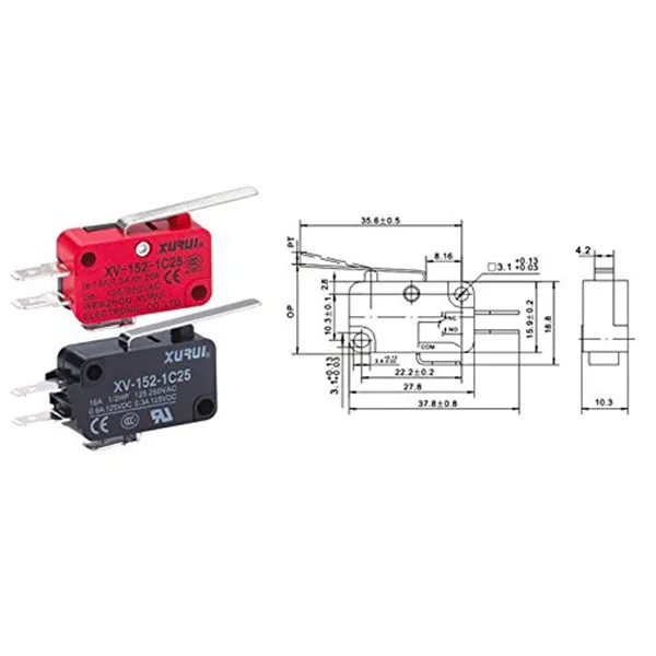 

5pcs Xv-152-1C25 Hinge Lever Mini Microswitch Red Silver 15A 250V On Off Switch For Automation Control Electrical Equipment