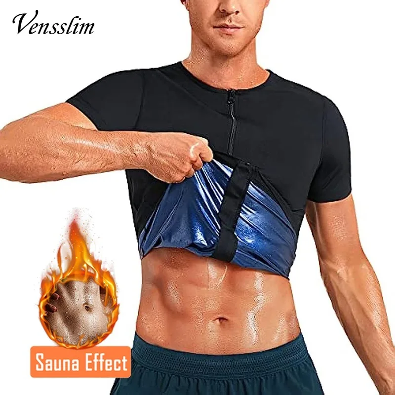 Vensslim Sweat Sauna Suits Men Polymer Zipper Body Shaper Slimming Short Sleeve Waist Trainer Heat Trapping Compression Corset