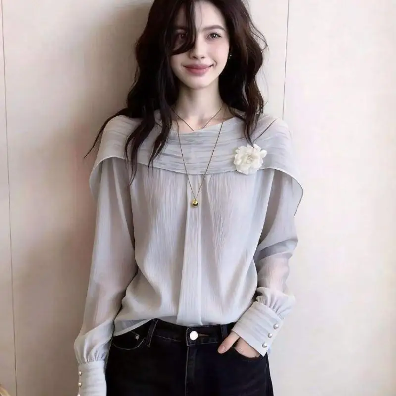 Hot 2026 Spring Autumn New Korean Edition Soft Comfort Light Luxury T-Shirt Tops Fashion Versatile Super Beautiful Chiffon Shirt