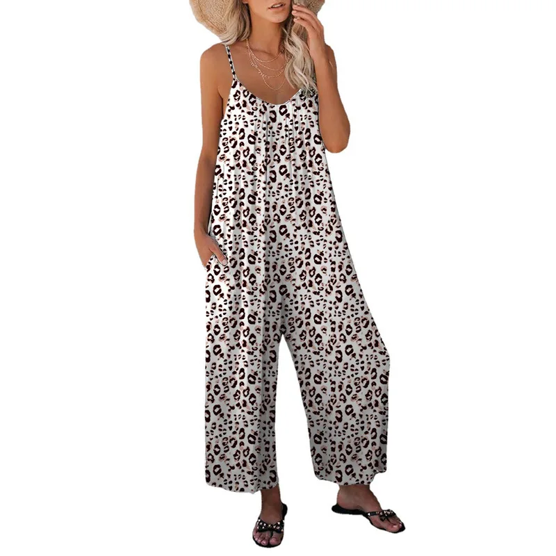 Fashion Leopard Print Spaghetti Strap Women Jumpsuits Sexy High Waist Pockets Lady Female Casual Loose Wide Leg Rompers Overall