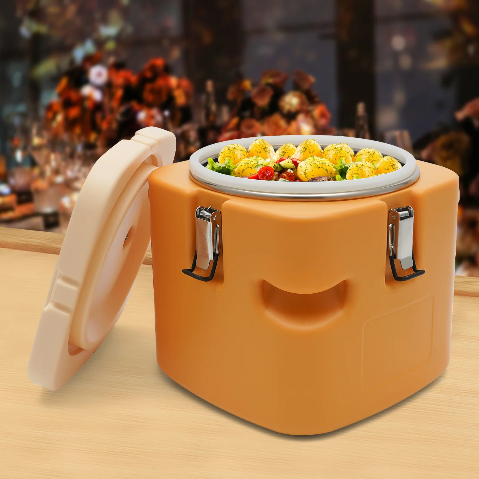 

Желтый изолированный контейнер для супа объемом 2,5 галлона, прямоугольный коммерческий подогреватель еды для воды, сока, пива, супа, еды