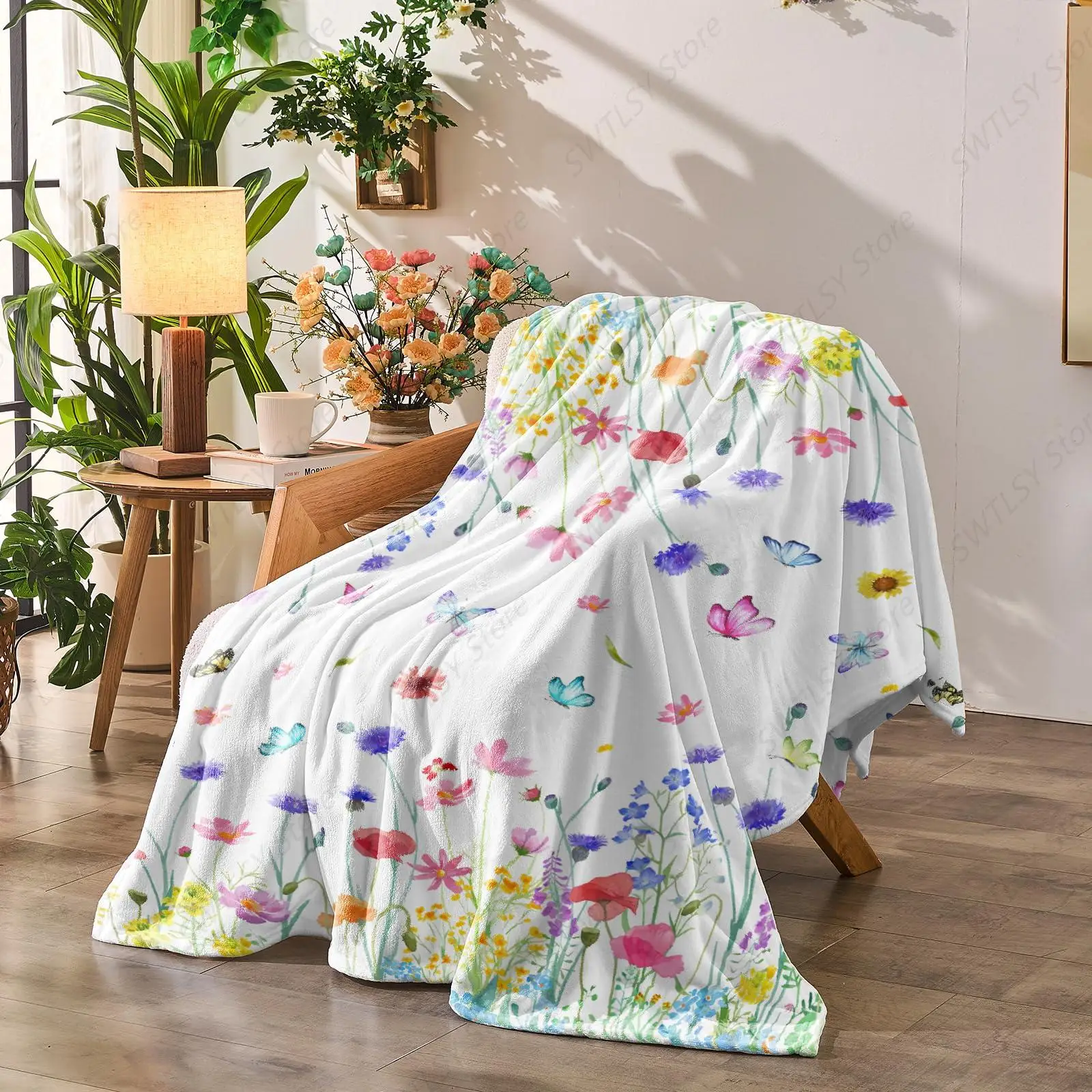 

Watercolor Floral Throw Blanket Birthday Gift for Women Mom Girls Butterfly Flowers Blanket Summer Wildflower Flannel Blanket