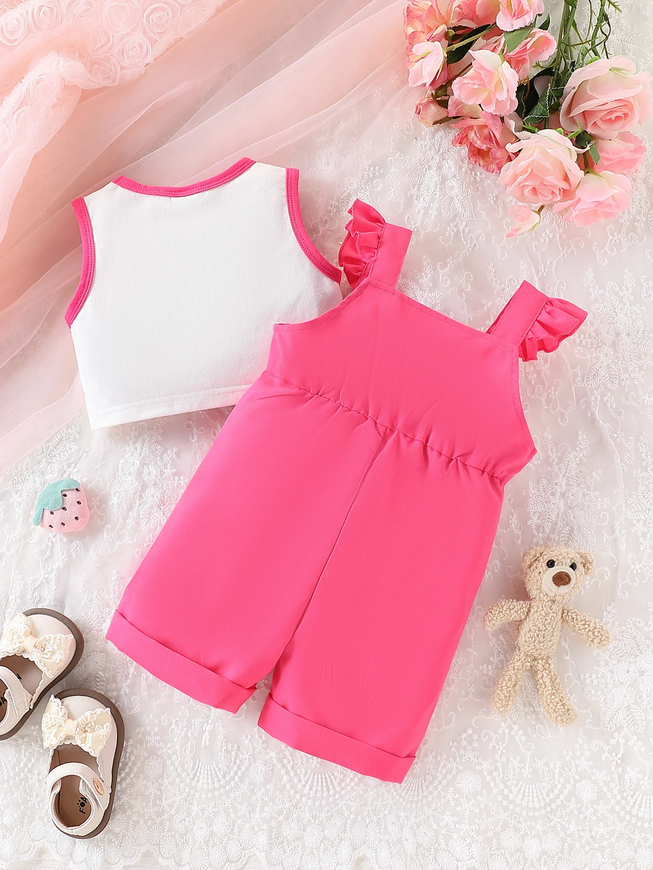 Summer 2-Piece Set Baby Girl Casual Sports Vest And English Letter Printed Jumpsuit Shorts with Waist Strap for Infants