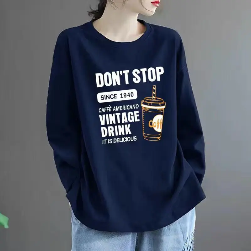 Women Clothing American Style Vintage Pure Cotton Long Sleeve Tshirt Autumn Casual Loose Letter Print Top Tee All-match Pullover