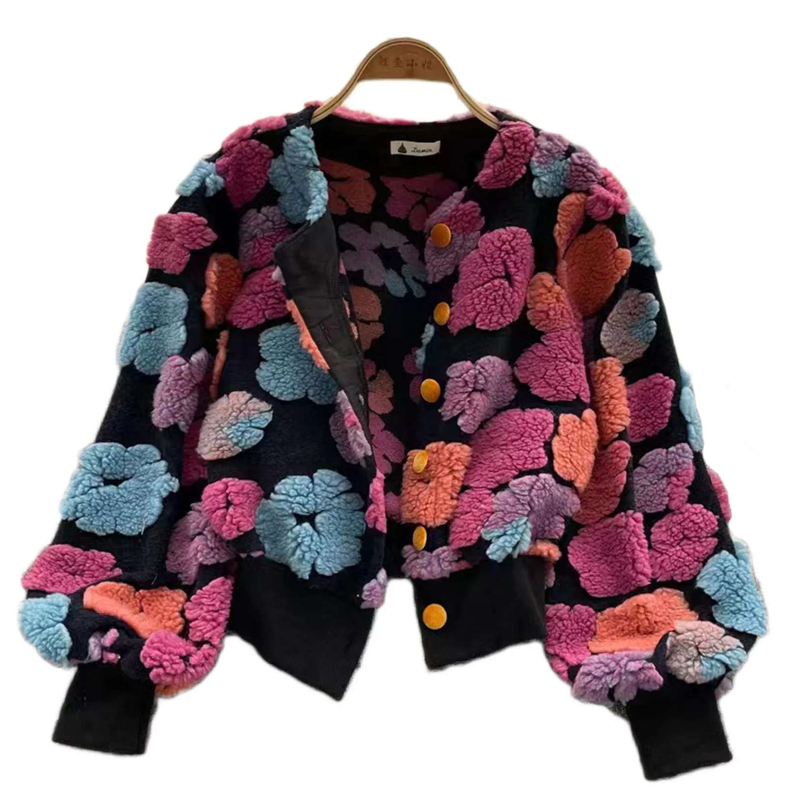 Chaqueta de lana de felpa Retro para mujer, cárdigan bordado de flores, abrigo Ins, manga larga, ropa de calle corta Y2K, piel 3D, bombardero de