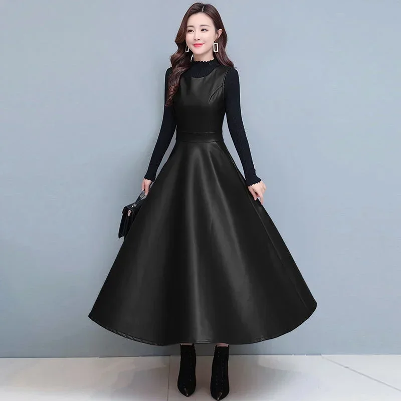 Sleeveless PU Leather Tank Dress Women With Pockets Autumn And Winter Fashion Office A-Line Party Long Maxi Dress Ladies C235