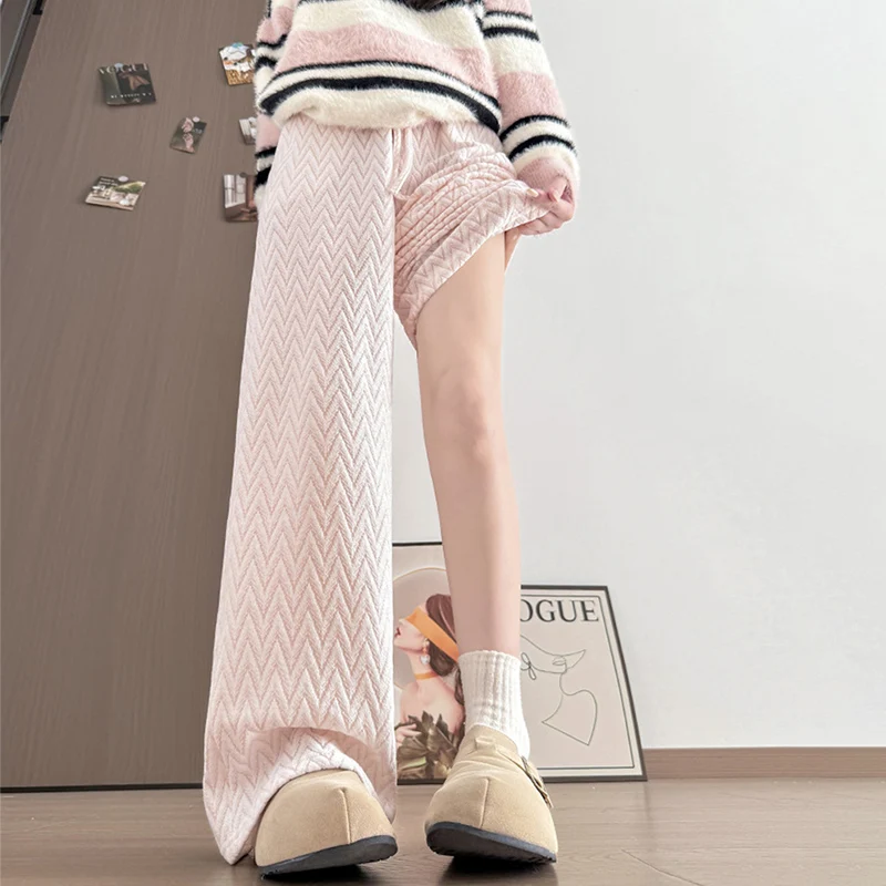 الخريف الشتاء رشاقته الدافئة شريط مستقيم السراويل النساء Harajuku الاتجاه فضفاض واسعة الساق بانت عالية الخصر الدانتيل متابعة محبوك بنطلون #6