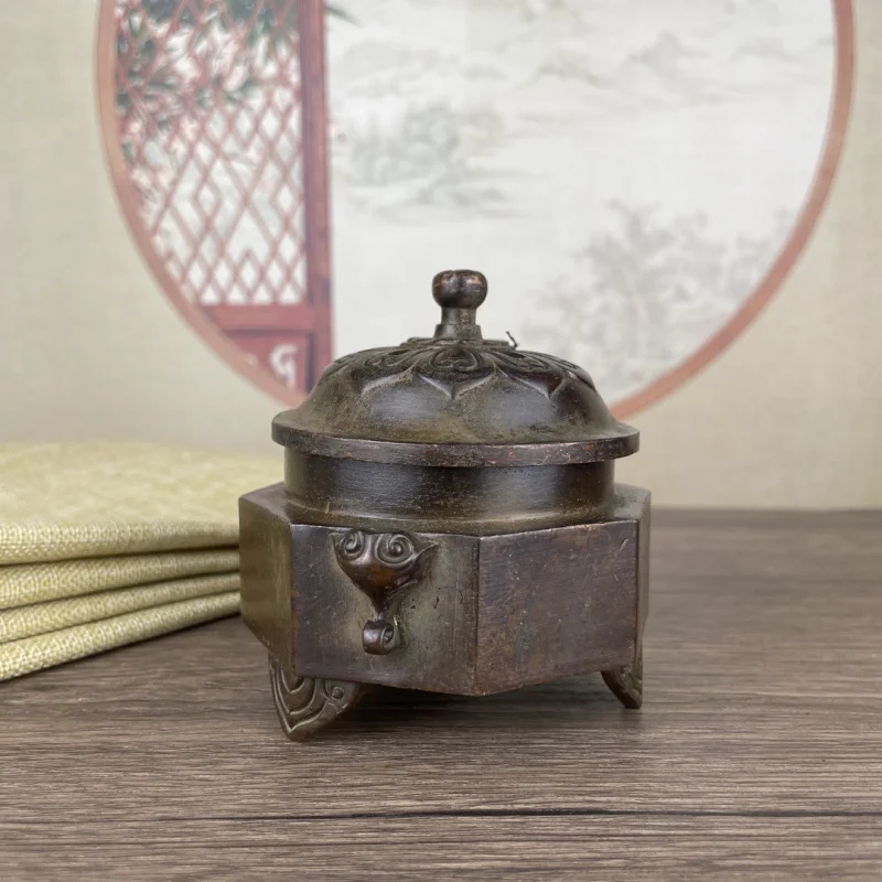 Old shell patina octagonal opening incense burner ornament, vintage collectible item for home and office desktop